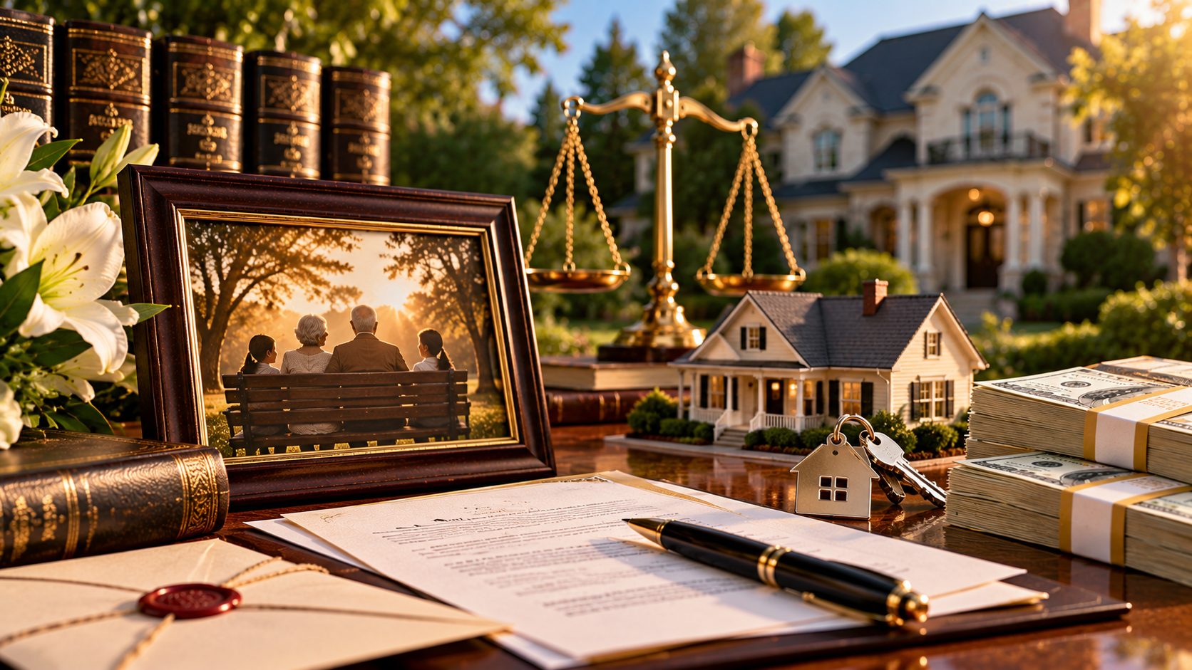 A wax-sealed envelope, a framed family photograph, house keys, a miniature model home and banded cash arranged on a polished wooden table, with a large estate house in the background