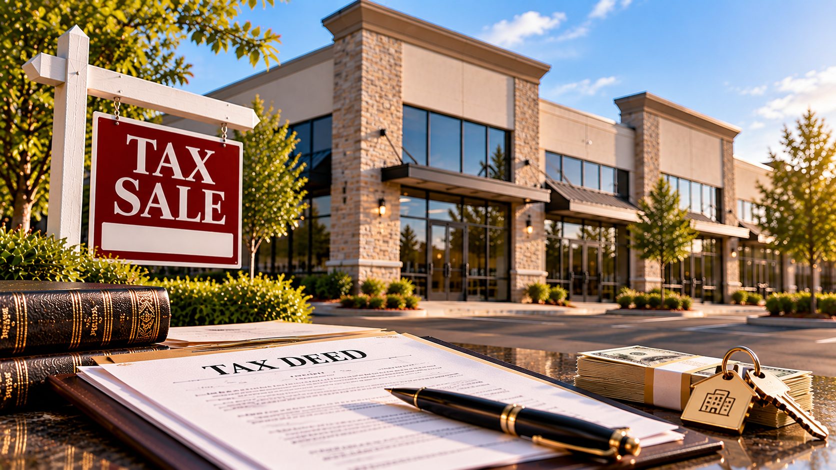 A clipboard holding a tax deed agreement beside a red tax sale sign, a set of keys and a banded stack of currency, with a commercial retail building in the background