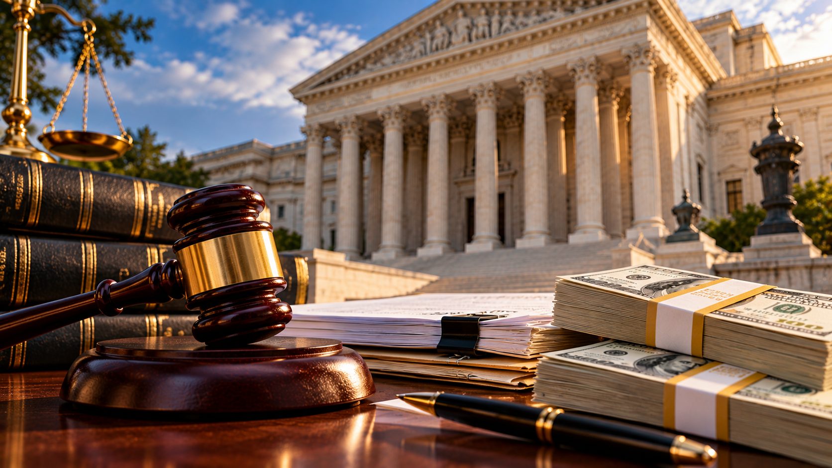 A wooden gavel on a sound block beside bound legal volumes, a golden scale of justice, papers and banded stacks of currency, with a columned courthouse rising in the background