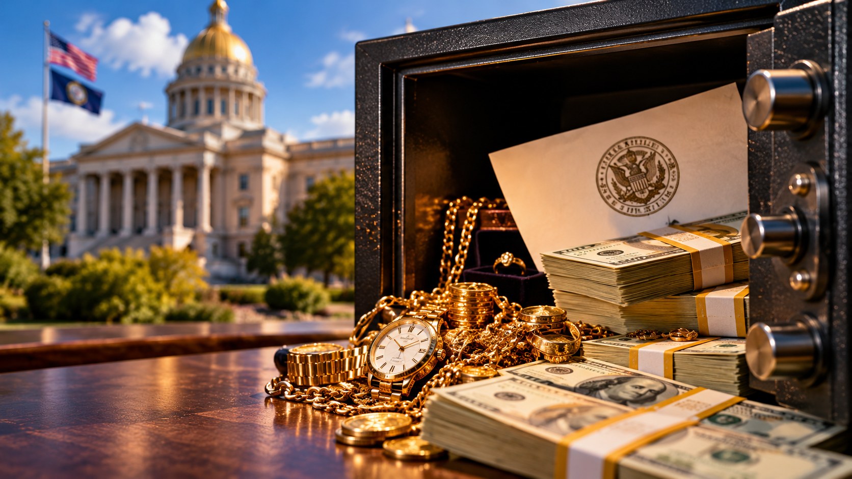 An open bank vault filled with strapped stacks of hundred-dollar bills, gold coins and jewelry beside an envelope bearing an official seal, with a domed state capitol building in the background